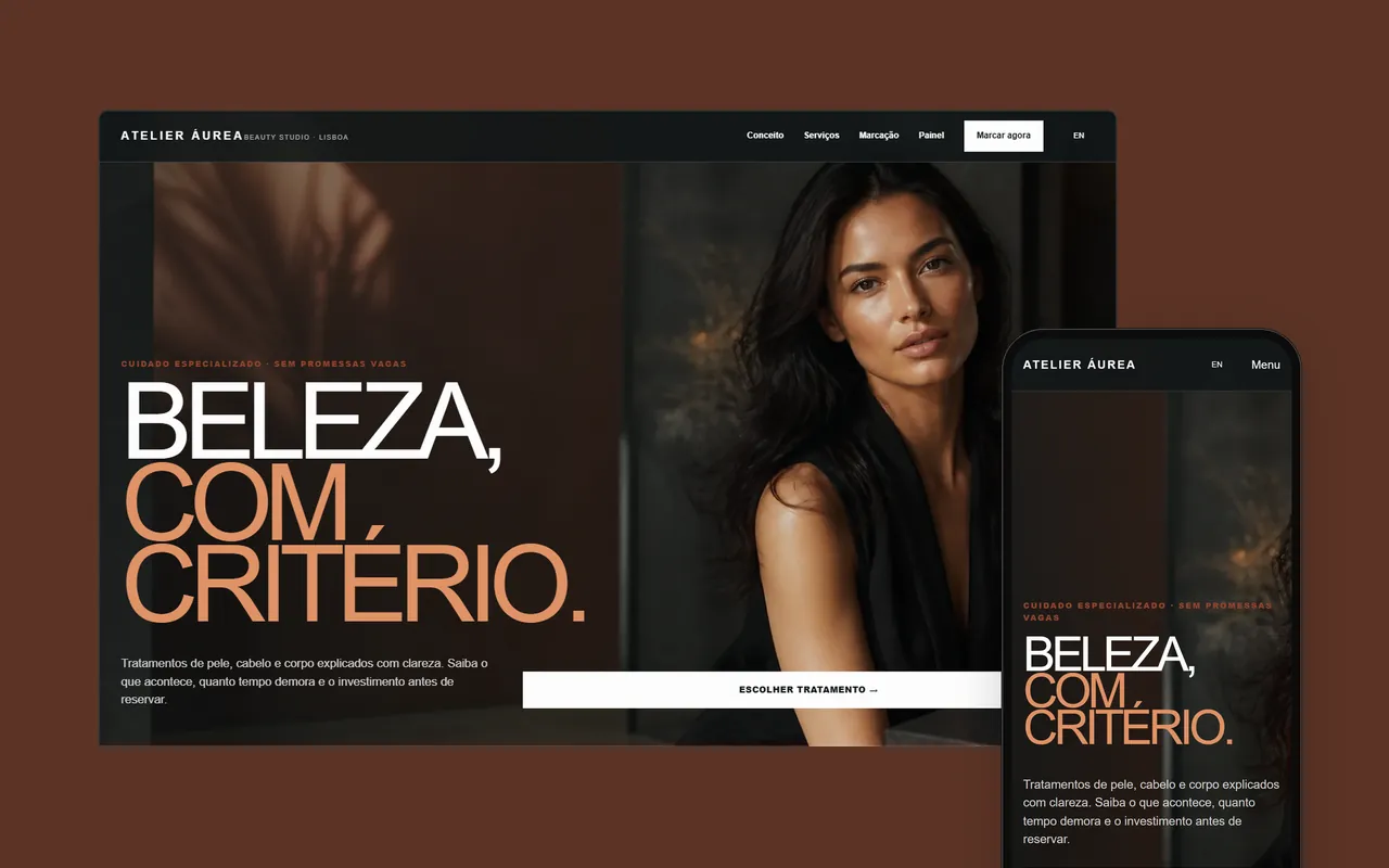 O site Atelier Áurea num computador e num telemóvel