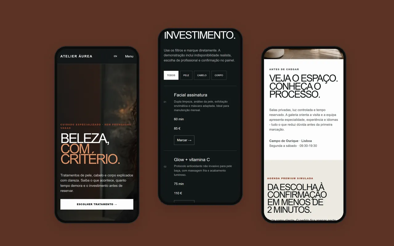 Três ecrãs de telemóvel do site Atelier Áurea