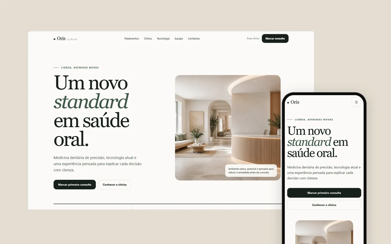 O site Clínica Oris num computador e num telemóvel