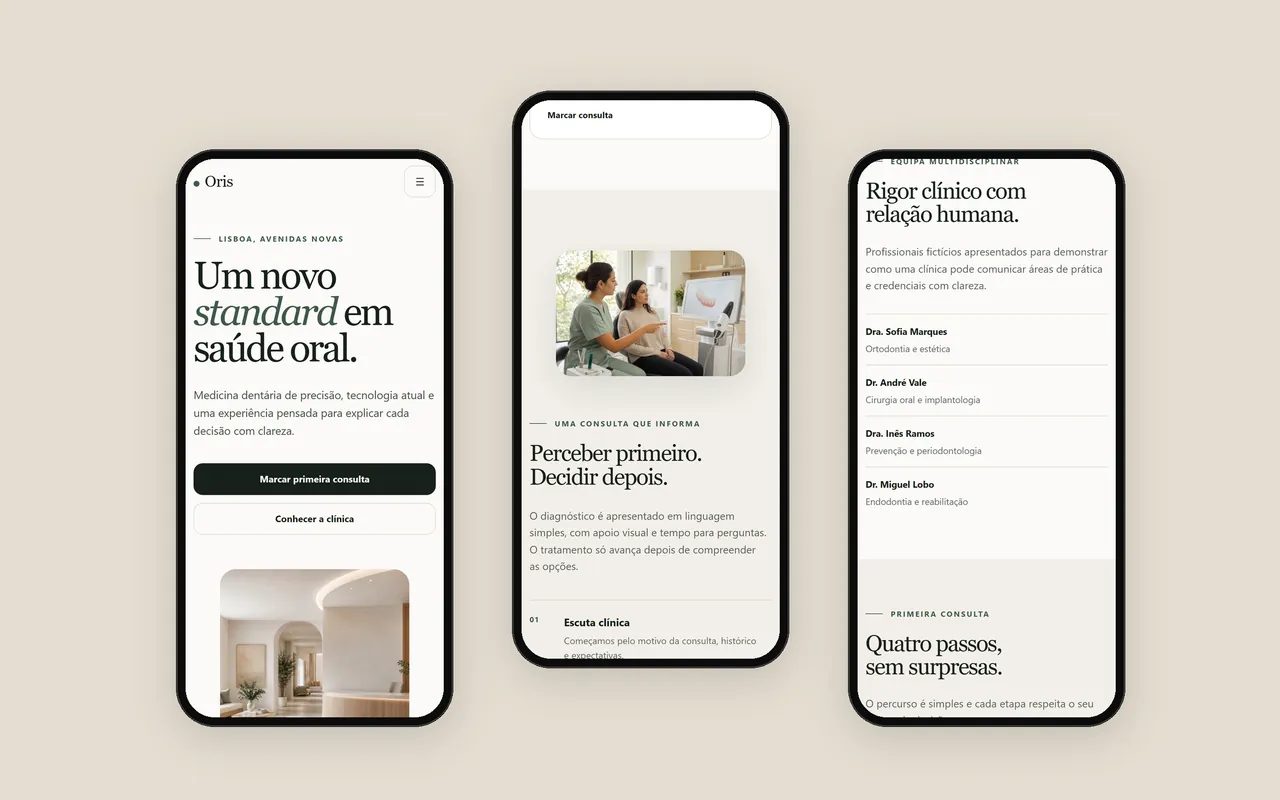 Três ecrãs de telemóvel do site Clínica Oris