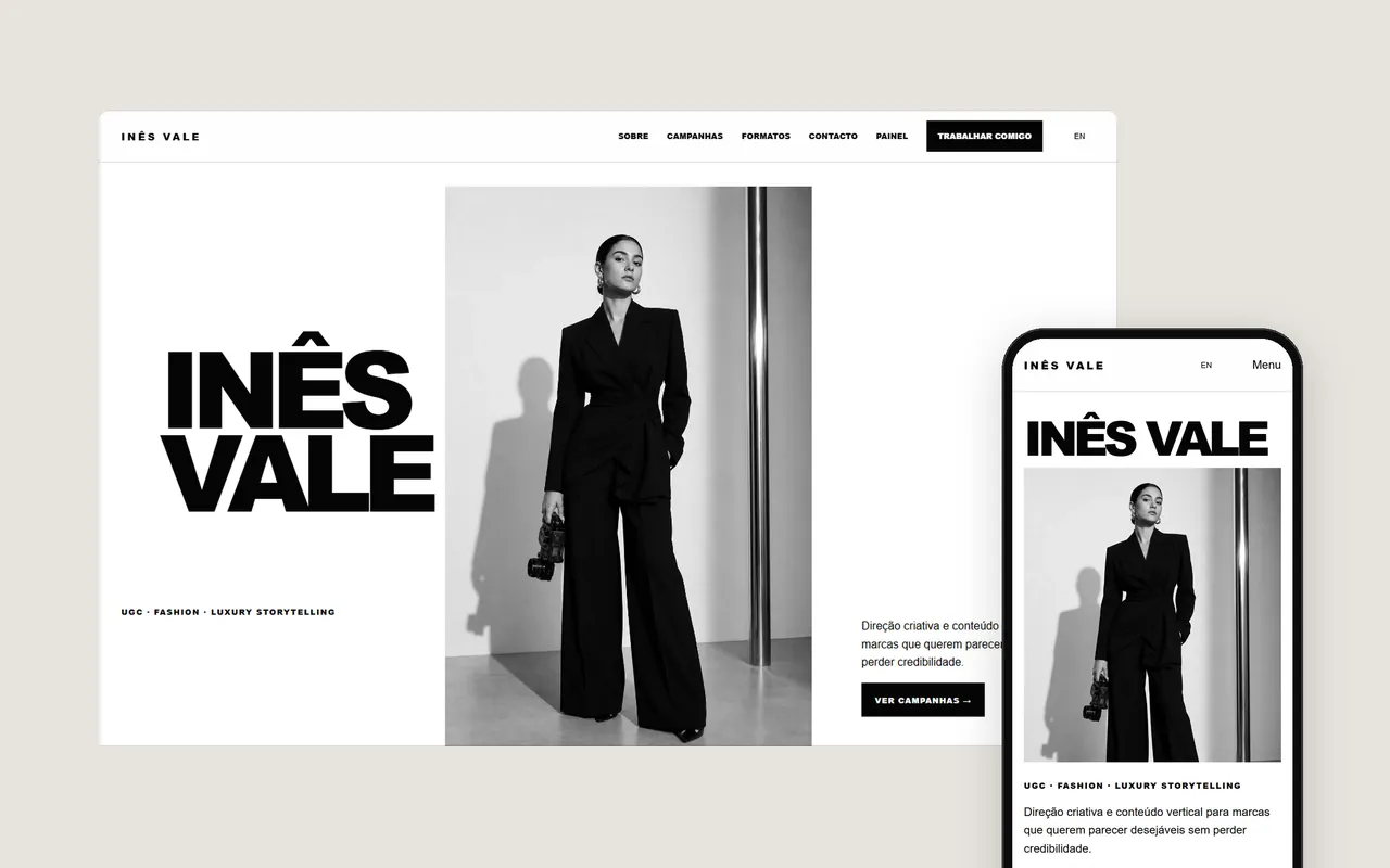 O site Inês Vale num computador e num telemóvel
