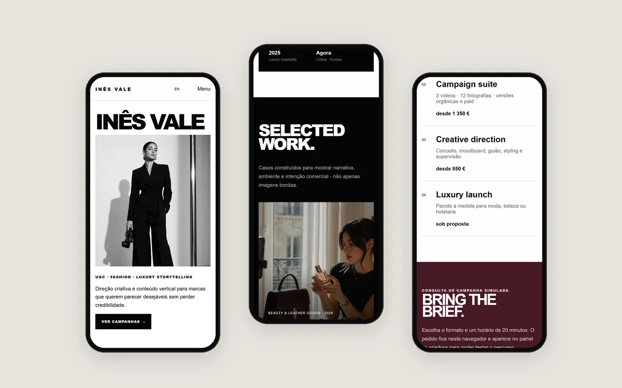 Três ecrãs de telemóvel do site Inês Vale