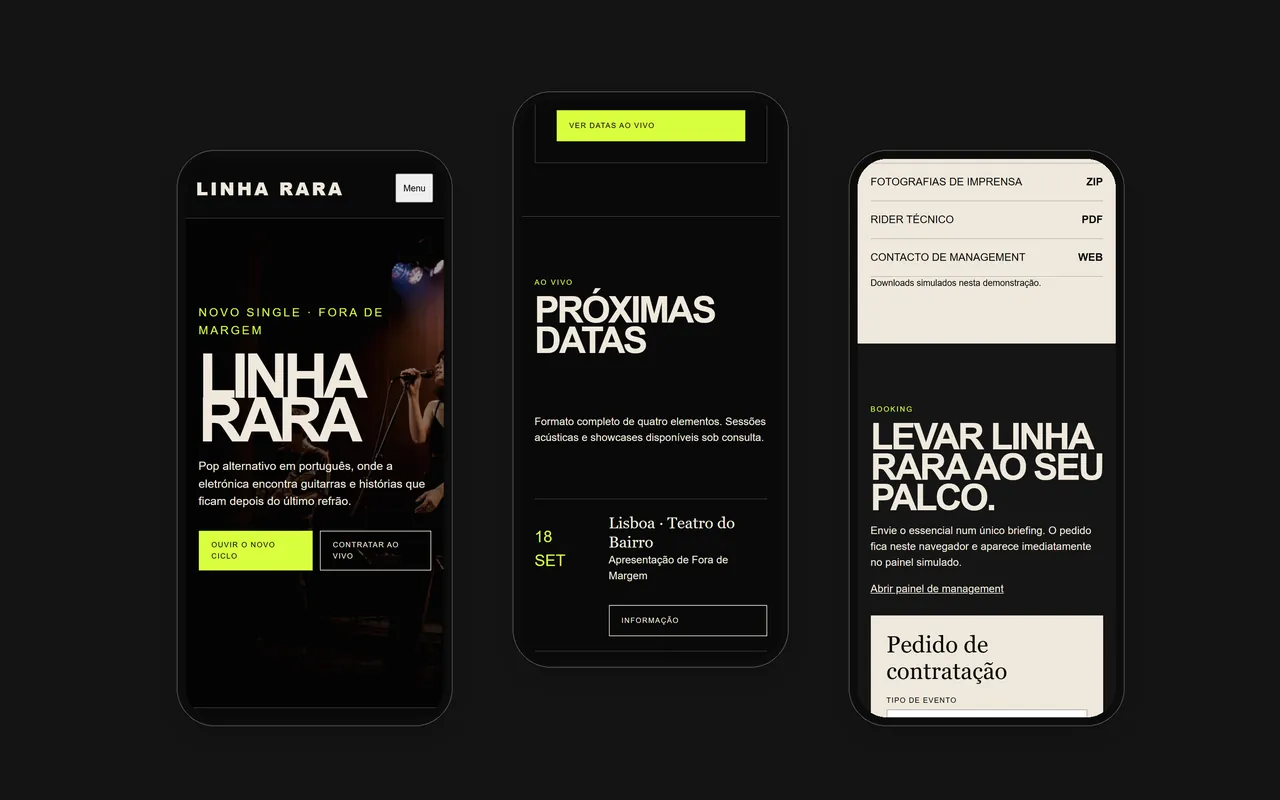 Três ecrãs de telemóvel do site Linha Rara