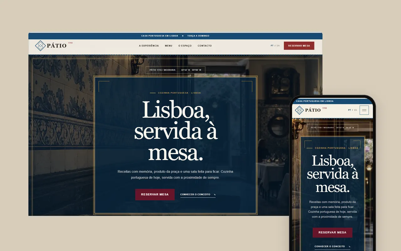 O site PÁTIO 1755 num computador e num telemóvel