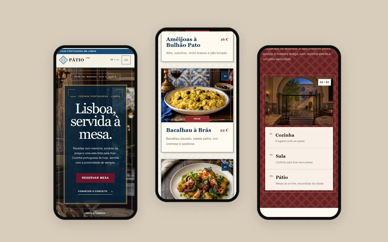Três ecrãs de telemóvel do site PÁTIO 1755