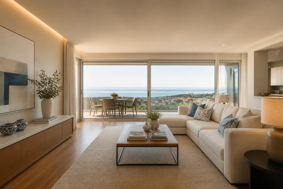 Sala ampla de apartamento com varanda e vista para o Tejo