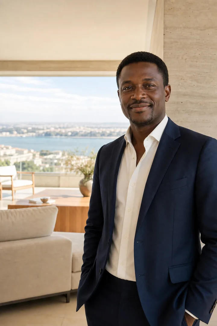 Henrique Vale, consultor imobiliário fictício, num apartamento com vista para o Tejo