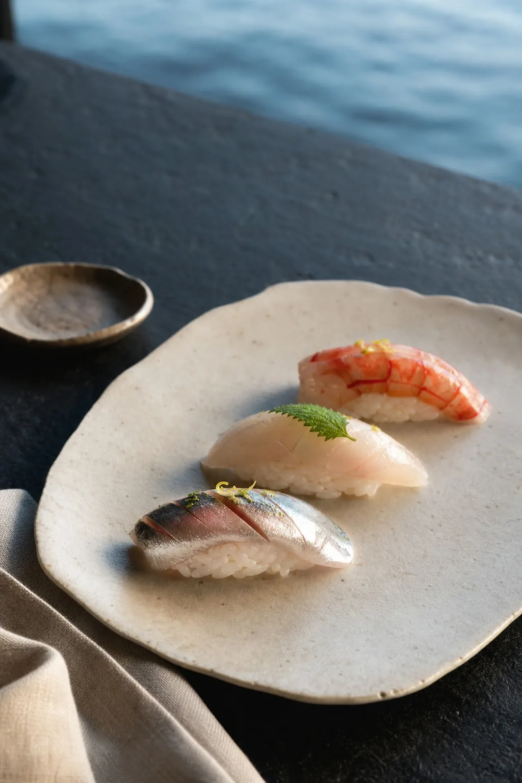 Carapau, ponzu de limão e shiso.